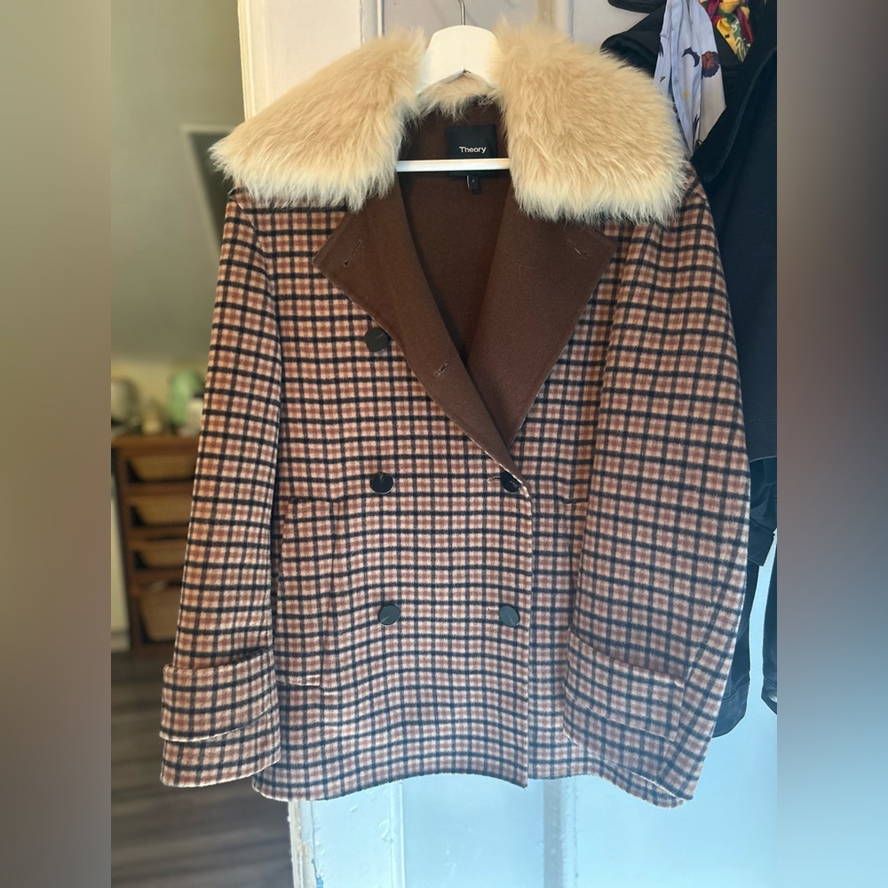 Theory Plaid Dorado Coat with real lamb shearling collar.